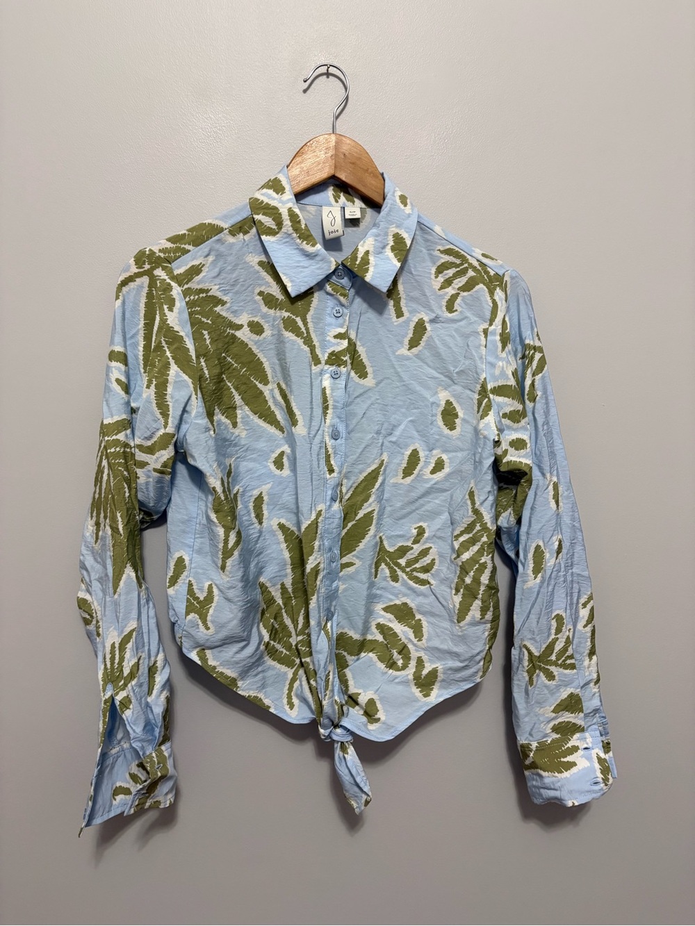 Joie Blue Green Leaf Print Tie Hem Long Sleeve Blouse